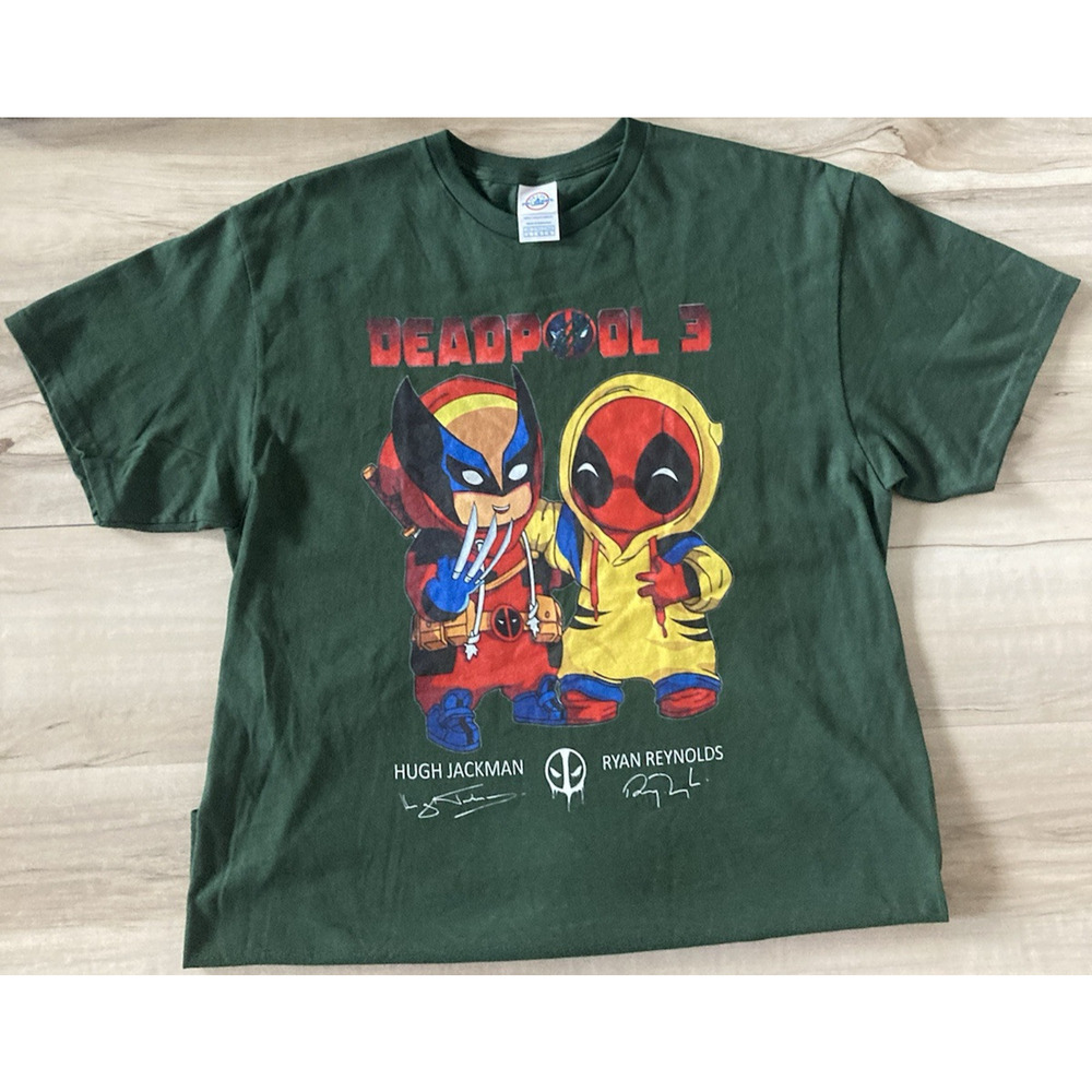 Deadpool 3 & Wolverine Cute Baby Graphic Print Green T-Shirt Size Large